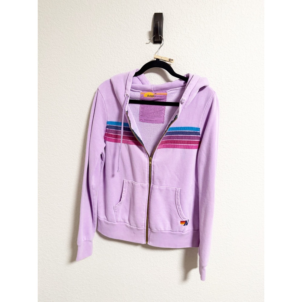 Aviator Nation 5-Stripe Zip Up Hoodie Lavender Purple Women Medium Retro Surf